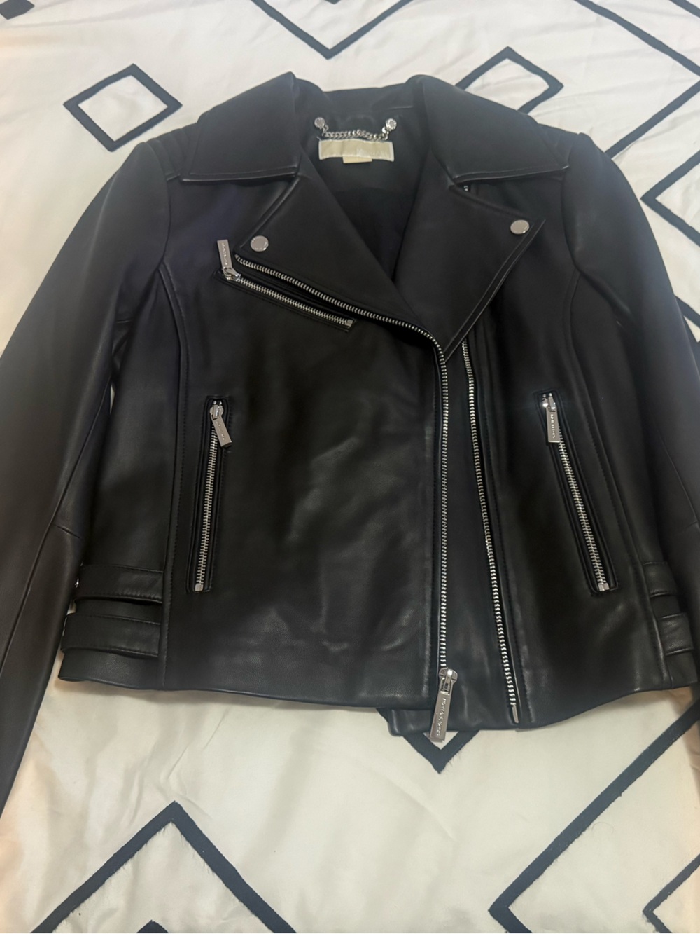 Michael Kors Black Leather Moto Jacket with Silver Hardware - Brand New
